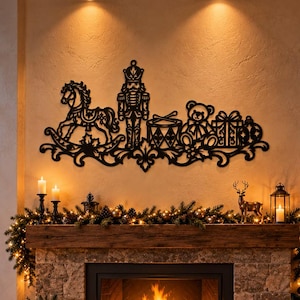 May include: A black metal wall art piece featuring a silhouette design of a rocking horse, a nutcracker, a drum, a teddy bear, and a gift box, all connected by decorative scrollwork and positioned above a stone fireplace mantel.