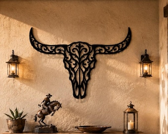 Barocker Stierschädel SVG | Longhorn-Rind DXF | Western Ranch Metall-Wandkunst (Digitaler Download)