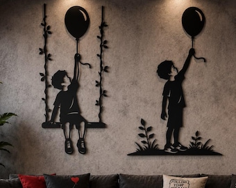 Junge mit Ballon Silhouette SVG | Kind greift nach Luft, sitzt auf einer Schaukel (Digitaler Download)