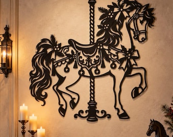 Viktorianisches Weihnachtskarussellpferd (SVG/DXF) | Festliche Wanddekoration aus Metall (Digitale Datei)