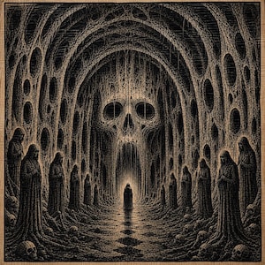 May include: A dark, monochromatic illustration depicting a cavernous, skull-shaped archway formed by organic, web-like structures. A solitary hooded figure stands in the centre, flanked by rows of hooded figures and scattered skulls on the ground.