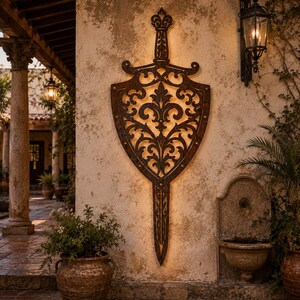Puede incluir: Una gran escultura de pared de metal marr&oacute;n oscuro con forma de espada y escudo. La pieza presenta intrincados patrones sim&eacute;tricos calados de volutas y flores en toda la hoja y el escudo, con un motivo de flor de lis.