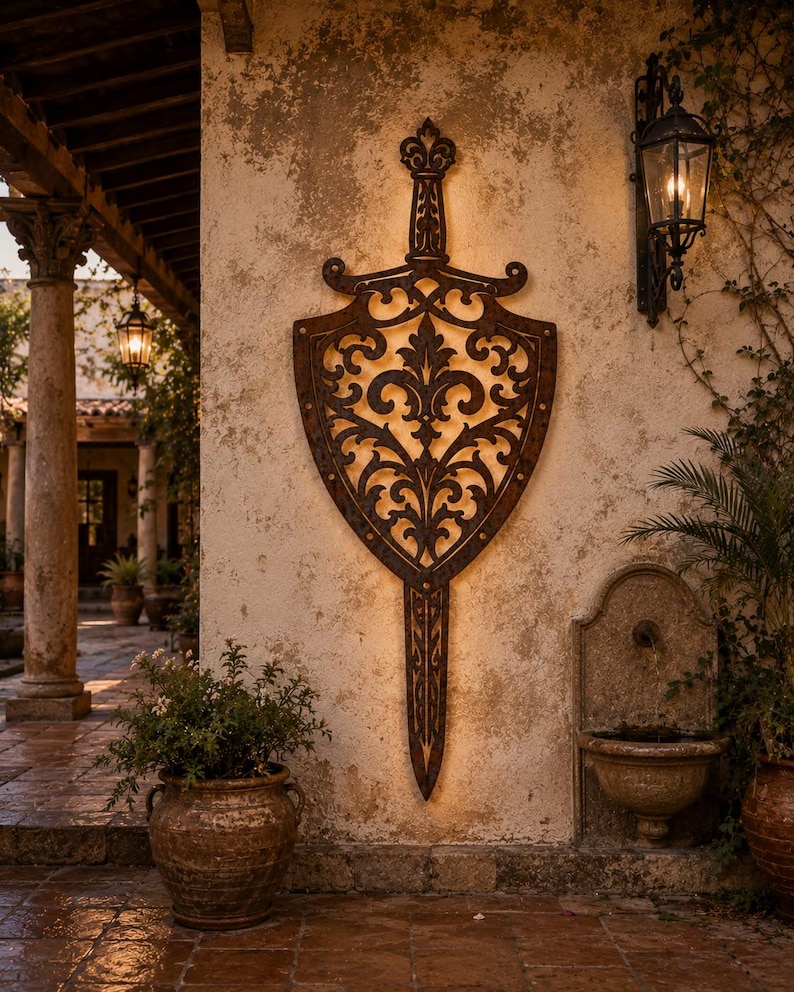 Puede incluir: Una gran escultura de pared de metal marr&oacute;n oscuro con forma de espada y escudo. La pieza presenta intrincados patrones sim&eacute;tricos calados de volutas y flores en toda la hoja y el escudo, con un motivo de flor de lis.
