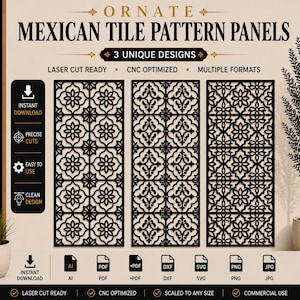 May include: Black ornate Mexican tile pattern panels with three unique designs. The panels are laser cut ready and CNC optimized. Multiple formats are available for instant download. The panels feature floral and geometric patterns.