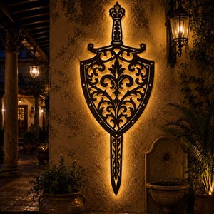 Puede incluir: Una gran pieza decorativa de pared de metal negro con forma de espada y escudo, que presenta intrincados motivos de volutas y flor de lis recortados. La pieza est&aacute; retroiluminada con un c&aacute;lido resplandor dorado que ilumina la pared.