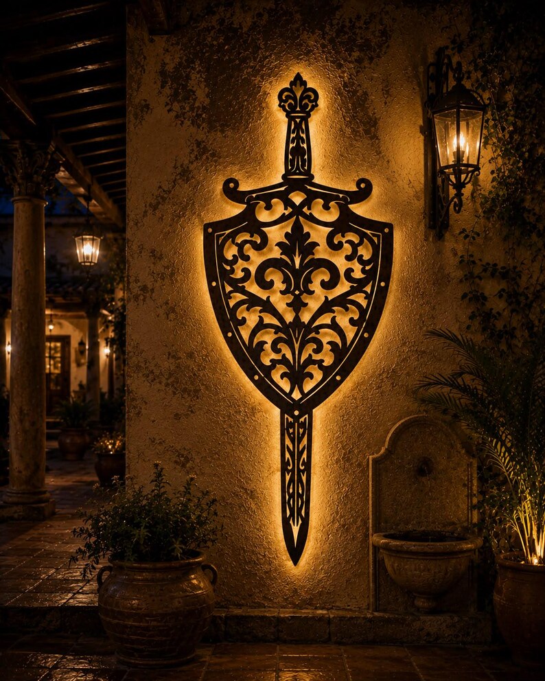 Puede incluir: Una gran pieza decorativa de pared de metal negro con forma de espada y escudo, que presenta intrincados motivos de volutas y flor de lis recortados. La pieza est&aacute; retroiluminada con un c&aacute;lido resplandor dorado que ilumina la pared.