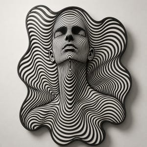 May include: A black and white wall sculpture of a face with wavy lines. The artwork features a woman's face with closed eyes and flowing hair, created with layered, curved lines. The sculpture has a black border.