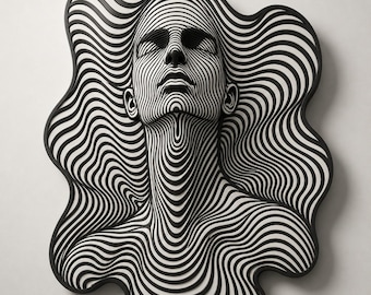 Puede incluir: Escultura de pared en blanco y negro de un rostro con líneas onduladas. La obra de arte presenta el rostro de una mujer con los ojos cerrados y cabello ondeado, creado con líneas curvas en capas. La escultura tiene un borde negro.