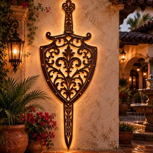 Puede incluir: Una gran escultura de pared de metal marr&oacute;n oscuro con forma de espada y escudo, que presenta intrincados calados y un motivo de flor de lis en la parte superior. La pieza est&aacute; retroiluminada con una luz c&aacute;lida que resalta su silueta.