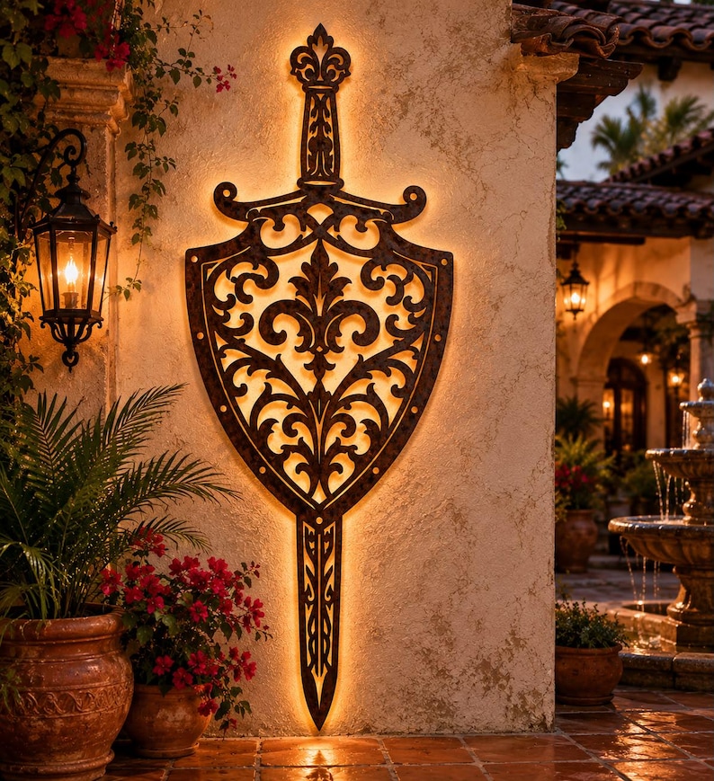 Puede incluir: Una gran escultura de pared de metal marr&oacute;n oscuro con forma de espada y escudo, que presenta intrincados calados y un motivo de flor de lis en la parte superior. La pieza est&aacute; retroiluminada con una luz c&aacute;lida que resalta su silueta.