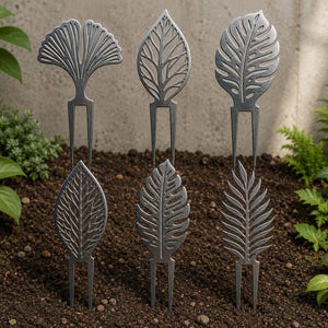 Puede incluir: Seis estacas de jardín de metal plateado con varios diseños de hojas. Cada estaca presenta una forma de hoja detallada sobre una base de dos puntas, ideal para agregar un toque decorativo a los espacios al aire libre. Las estacas se muestran en tierra.