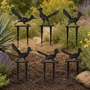 May include: A set of six black metal garden stakes, each featuring a silhouette of a roadrunner bird in various running or standing poses. Each bird figure is attached to a two-pronged stake designed for insertion into the ground.