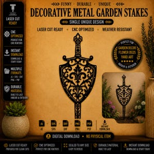Puede incluir: Un archivo digital para una estaca de jard&iacute;n decorativa de metal con un dise&ntilde;o negro cortado con l&aacute;ser de una espada y un escudo con volutas intrincadas. La imagen incluye texto como DECORATIVE METAL GARDEN STAKES y DIGITAL DOWNLOAD NO PHYSICAL ITEM.