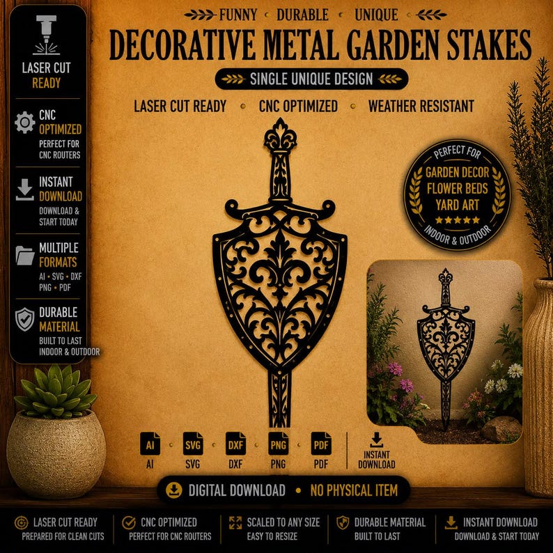 Puede incluir: Un archivo digital para una estaca de jard&iacute;n decorativa de metal con un dise&ntilde;o negro cortado con l&aacute;ser de una espada y un escudo con volutas intrincadas. La imagen incluye texto como DECORATIVE METAL GARDEN STAKES y DIGITAL DOWNLOAD NO PHYSICAL ITEM.