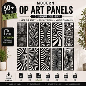 May include: A promotional image showcasing modern OP art panels with 10 unique designs. The panels are black and white, featuring geometric and swirling patterns. Text includes "50+ files," "laser cut ready," and various file format icons. A catalog is included.
