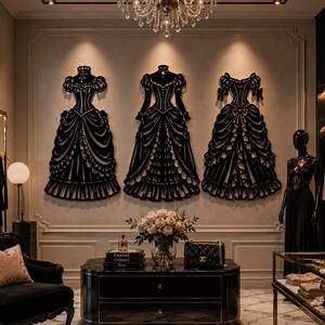 Könnte beinhalten: Drei große, schwarze, an der Wand montierte Silhouetten von Kleidern im viktorianischen Stil in einer Boutique. Der Innenraum umfasst einen schwarzen Samtsessel, einen Marmortisch mit einem Rosenstrauß, eine schwarze Handtasche und eine schwarze Schaufensterpuppe.
