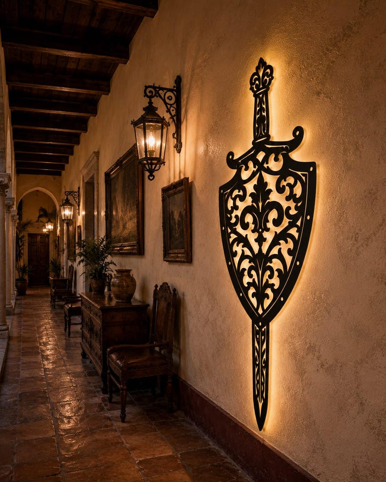 Puede incluir: Un aplique de pared de metal negro con forma de espada y un intrincado patr&oacute;n de filigrana. El dise&ntilde;o presenta una hoja puntiaguda y una guarda, con luz c&aacute;lida que emana desde detr&aacute;s del marco de metal, proyectando un brillo en la pared.