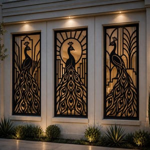 May include: Three tall rectangular window screens featuring black metal cutouts of peacocks with elaborate tail feathers. Each panel displays a distinct geometric pattern surrounding the central bird figure, set against a light-coloured exterior wall.