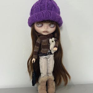 Handmade Purple Pompom Knitted Beanie Winter Hat for Blythe/ICY/BJD/Pullip/Licca dolls