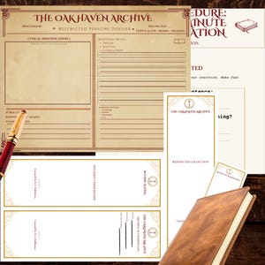 May include: A collection of stationery items with a vintage aesthetic. The image features a dossier, bookmarks, and a leather-bound journal. The text includes "The Oak Haven Archive" and "Restricted Persons Dossier."