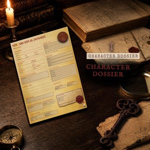 May include: A beige NPC Archival Dossier character sheet featuring fields for name, race, class, and background, accented with a red wax seal. The document includes sections for physical traits, inventory, and notes, presented on aged paper.