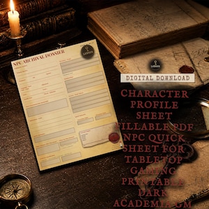 Character Profile Sheet | Fillable PDF NPC Quick Sheet for Tabletop Gaming | Printable Dark Academia GM Tools