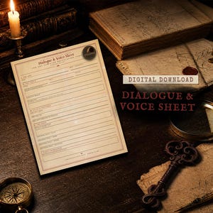 May include: A cream-colored Dialogue & Voice Sheet form with red border lines and black text fields. The document includes sections for scene title, character name, and dialogue lines. It is presented as a digital download template.