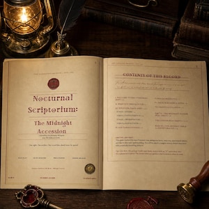 May include: An open book titled Nocturnal Scriptorium: The Midnight Accession with a table of contents, featuring a red wax seal, a brass key, and a wax stamp on a dark wooden surface. The text includes game instructions and section headers.