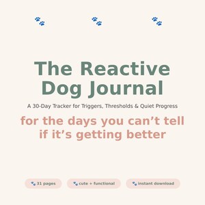 Könnte beinhalten: Ein digitales Journal mit dem Titel "The Reactive Dog Journal" mit dem Text "A 30-Day Tracker for Triggers, Thresholds & Quiet Progress". Das Journal dient zur Verfolgung der Fortschritte eines Hundes. Das Journal wird als "cute + functional" beschrieben.