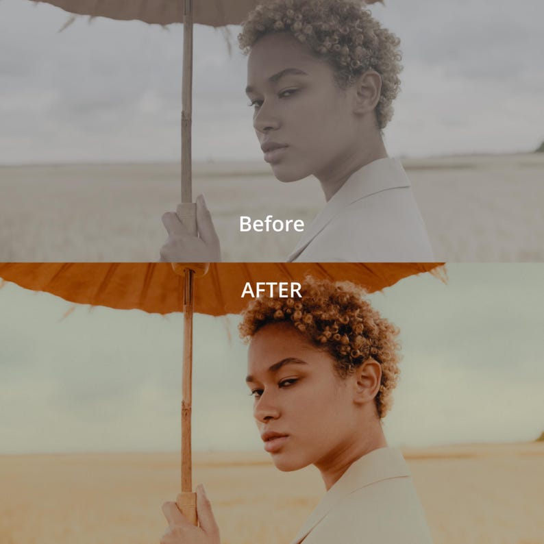 以下が含まれることがあります： 女性が茶色のパラソルを持っている画像。 上半分は「Before」とラベル付けされたグレースケール画像で、下半分は「AFTER」とラベル付けされたカラー画像です。 女性は明るい色のブレザーを着ており、背景は野原です。