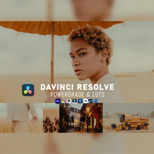 以下が含まれることがあります： 「DAVINCI RESOLVE POWERGRADE & LUTS」のテキストとさまざまなアプリのロゴが入った傘を持つ女性。画像は暖かく金色の色調で、背景には畑とコンバインハーベスターがあります。