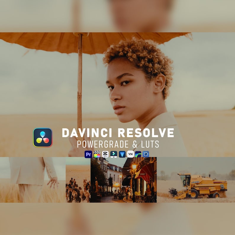 以下が含まれることがあります： 「DAVINCI RESOLVE POWERGRADE & LUTS」のテキストとさまざまなアプリのロゴが入った傘を持つ女性。画像は暖かく金色の色調で、背景には畑とコンバインハーベスターがあります。