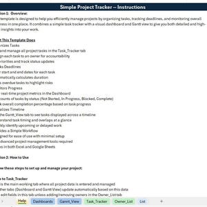Pode incluir: Um documento digital intitulado "Simple Project Tracker -- Instructions". O documento explica como gerenciar projetos, acompanhar prazos e monitorar o progresso. Inclui se&ccedil;&otilde;es sobre organiza&ccedil;&atilde;o de tarefas, defini&ccedil;&atilde;o de prioridades e uso do painel e da visualiza&ccedil;&atilde;o Gantt.
