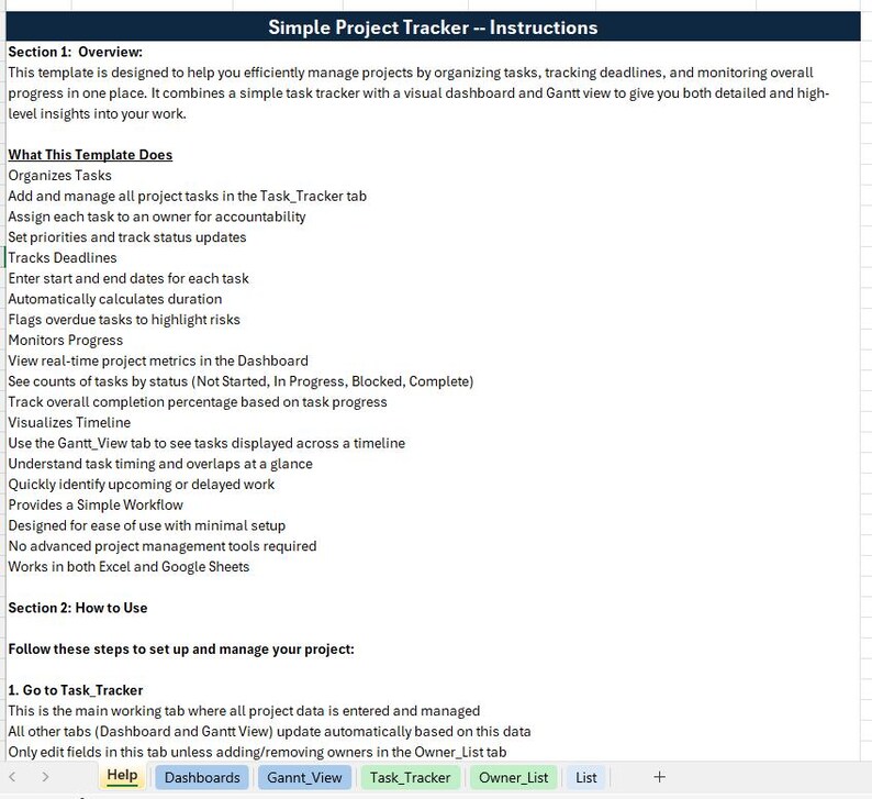Pode incluir: Um documento digital intitulado "Simple Project Tracker -- Instructions". O documento explica como gerenciar projetos, acompanhar prazos e monitorar o progresso. Inclui se&ccedil;&otilde;es sobre organiza&ccedil;&atilde;o de tarefas, defini&ccedil;&atilde;o de prioridades e uso do painel e da visualiza&ccedil;&atilde;o Gantt.