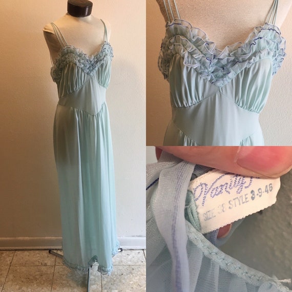 1950s Vanity Fair Long Blue Ruffled Nightie Nightg