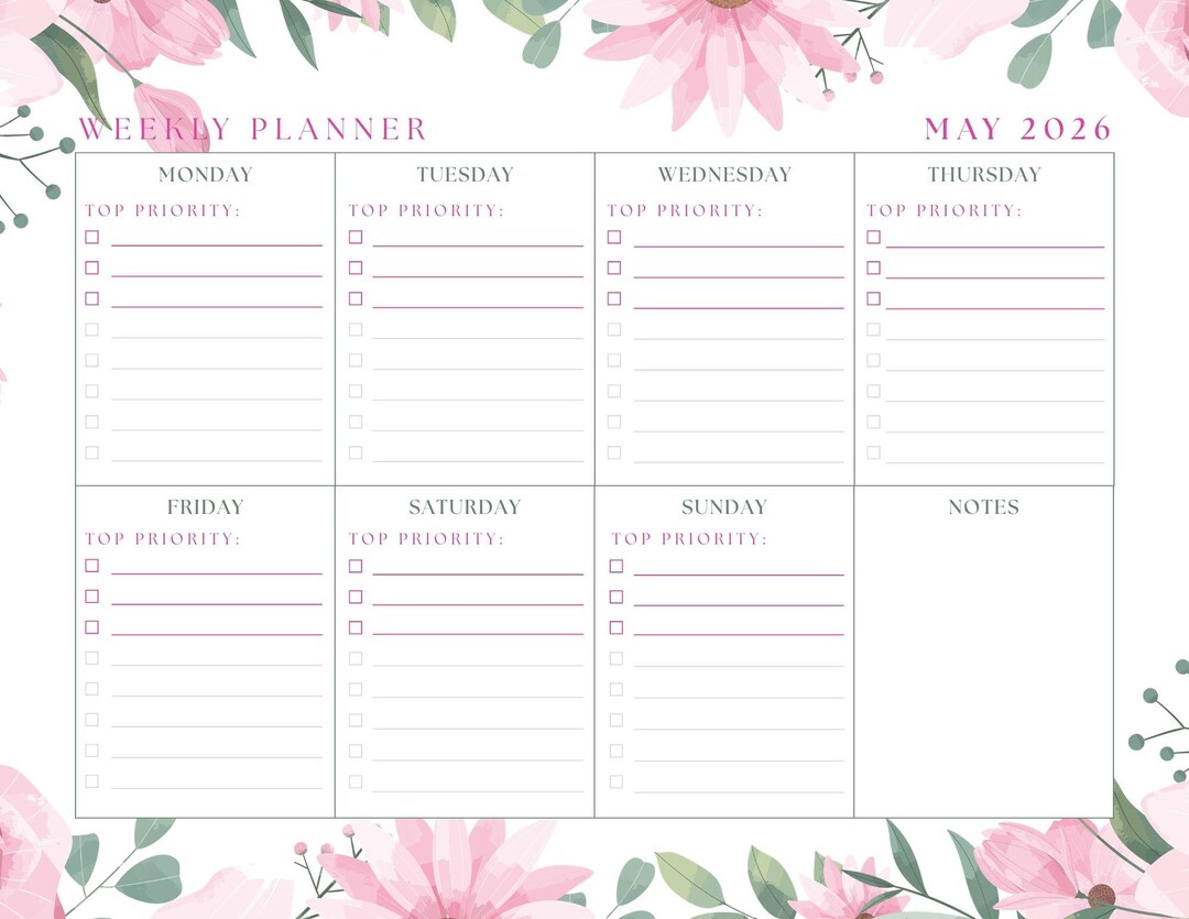 Pretty Pink Floral Weekly Planner With 12 Printable Sheets — One for ...