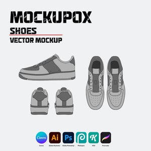 May include: A vector mockup of a gray and black sneaker, with multiple views including side, top, and rear perspectives. The text "MOCKUPOX SHOES VECTOR MOCKUP" is displayed at the top. Software icons for Canva, Adobe Illustrator, Photoshop, and others are at the bottom.