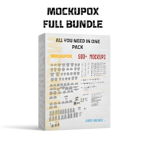 Puede incluir: Una caja blanca con el texto "MOCKUPOX FULL BUNDLE" en negro. La caja también muestra "ALL YOU NEED IN ONE PACK" y "MOCKUPOX 500+ MOCKUPS". La caja contiene ilustraciones de prendas y accesorios.