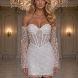 white pearl beaded square neck mini dress Izzie White Beaded Mini Dress - XS Size - Women's Dresses main image 1