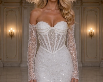 Vestido de novia corto SERENA con perlas y cuentas / Vestido de recepción nupcial con corsé y encaje / Mangas desmontables con hombros descubiertos / Vestido de novia corto para un segundo look