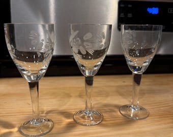 Etched Cordial Glass, Made in Romania, Floral Pattern Vintage