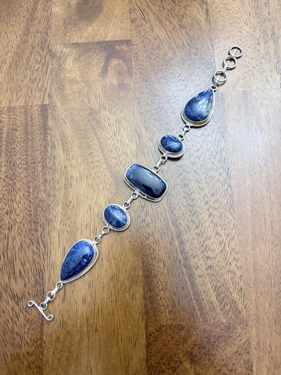 Natural sodalite gemstone Silver tone handmade 9” bracelet