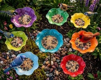 Metal Flower Bird Bath Stake, Outdoor Bird Water Feeder, Bee & Butterfly Dish, Decorative Garden Yard Ornament, Patio Decor