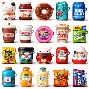 Könnte beinhalten: Eine Sammlung von zwanzig kleinen, bunten Silikonhüllen in Form verschiedener Lebensmittel- und Getränkeprodukte, darunter Nutella, Dunkin' Donuts, Cup Noodles, Bounty, Sour Patch Kids, Ben & Jerry's, Heinz Ketchup, Kinder Surprise und Cheetos.