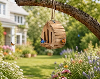 Hanging Wooden Butterfly House, Outdoor Garden Insect Shelter, Butterfly Habitat for Yard Patio Decor