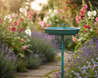 Kupferfarbene Vogeltränke und Futterschale, rustikale Gartendekoration, Vogelstation im Freien