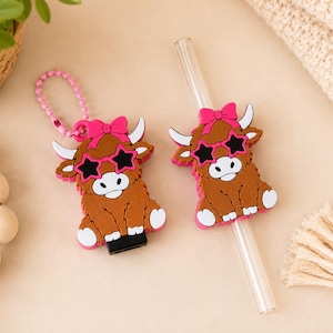 May include: Two brown highland cow charms with white horns, pink bows, and pink star-shaped sunglasses. One charm is attached to a pink ball chain, and the other is attached to a clear plastic straw. The cows have white muzzles and hooves.