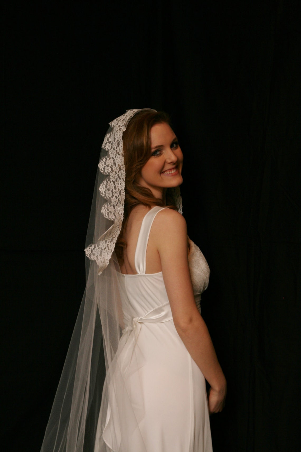 Floor Length Veil With Lace Framing Face Etsy
