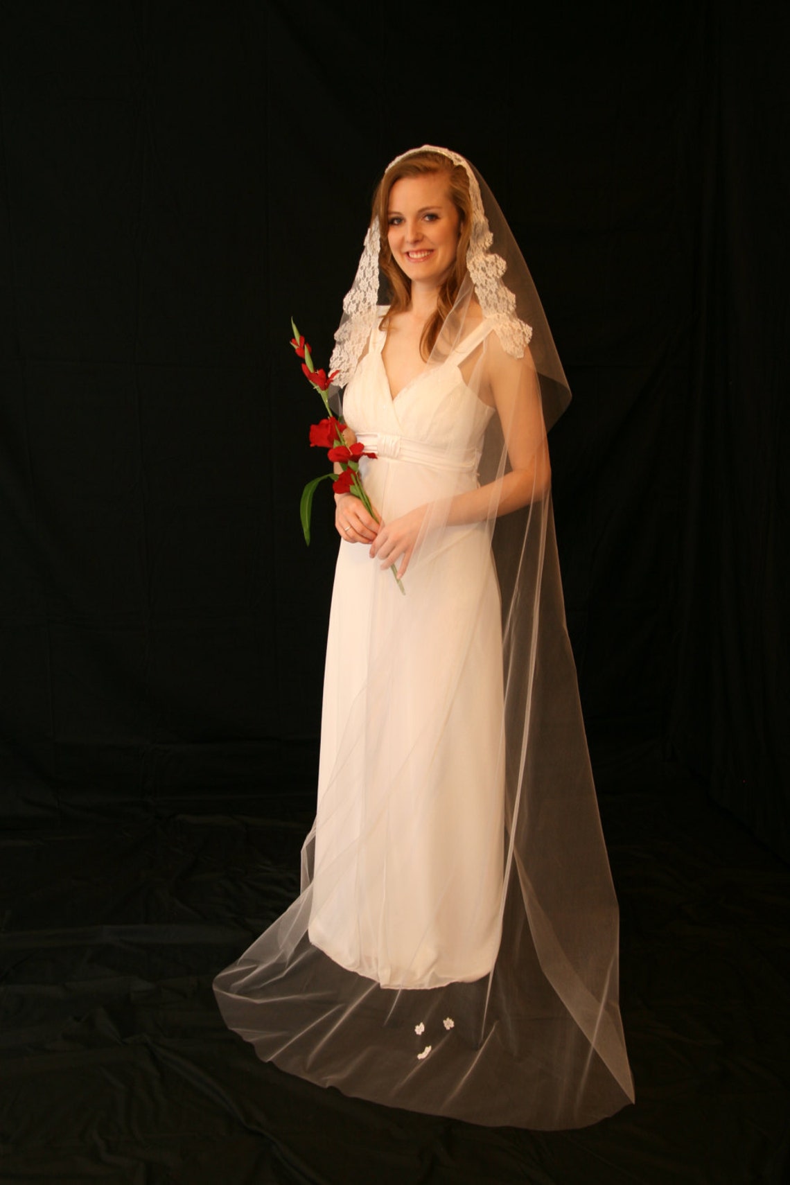 Floor Length Veil With Lace Framing Face Etsy