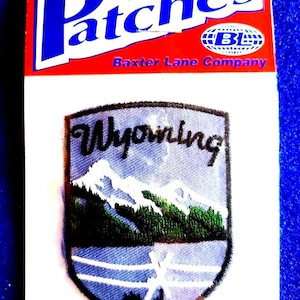 May include: An iron-on embroidered patch on a white backing card labeled Patches Baxter Lane Company. The shield-shaped patch features a light blue sky, white snow-capped mountains, a green forest, and a lake with a white fence in the foreground.
